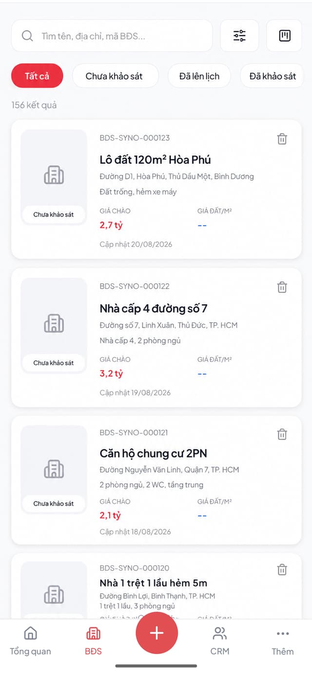 Giao diện danh sách bất động sản SYNO
